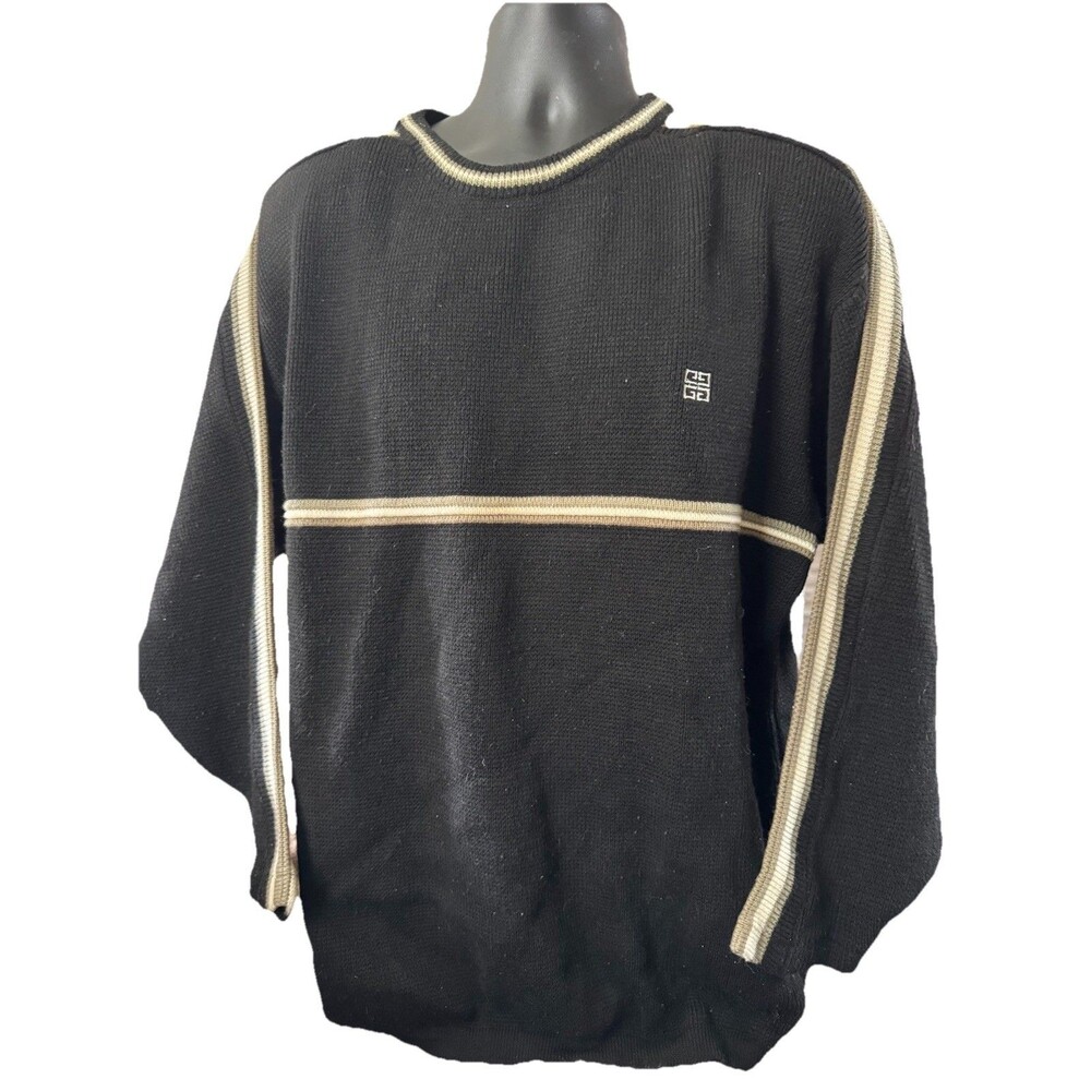 Vintage Men’s Givenchy Active Wear Black Sweater 4D Logo & Striped Design SZ LG